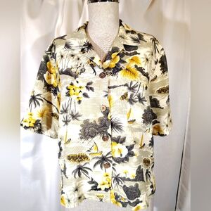 Tommy Bahama Silk Crop Button Up, Women, Tropical Floral, Yellow/Green,Collar, S